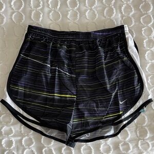 Nike Dri-Fit Black Running Shorts with Purple, White, and Neon Yellow Stripes